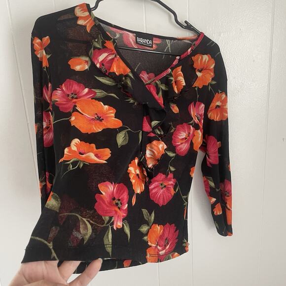 Y2K Floral Mesh Ruffle Top Sheer Long Sleeve Whimsigoth Romantic Black M Fairy - Picture 4 of 7